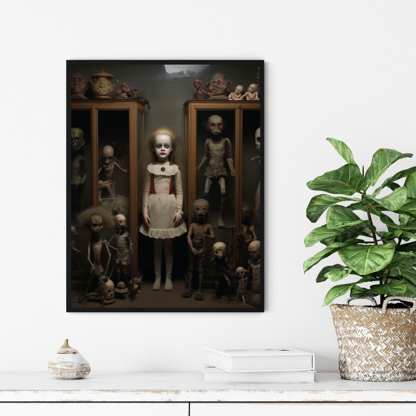 Creepy Doll Collection Art Poster Print, Haunted Scary Spooky Halloween Wall Art Painting Decor Gallery 29 (Creepy Doll Collection, 14" L x 11" W, Black Frame)