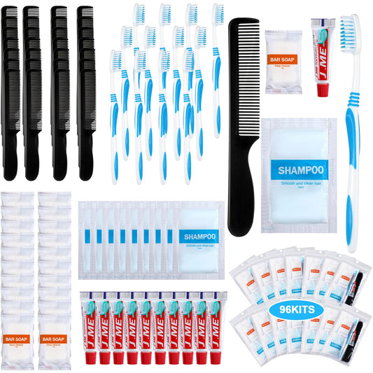 Tiangrid 96 Sets Personal Hygiene Kit Basic Toiletry Kits Homeless Supplies Bulk for Women, Men, Travel, Charity, Business Include 96 Shampoo, 96 Toothbrush, 96 Toothpaste, 96 Comb, and 96 Bath Soap