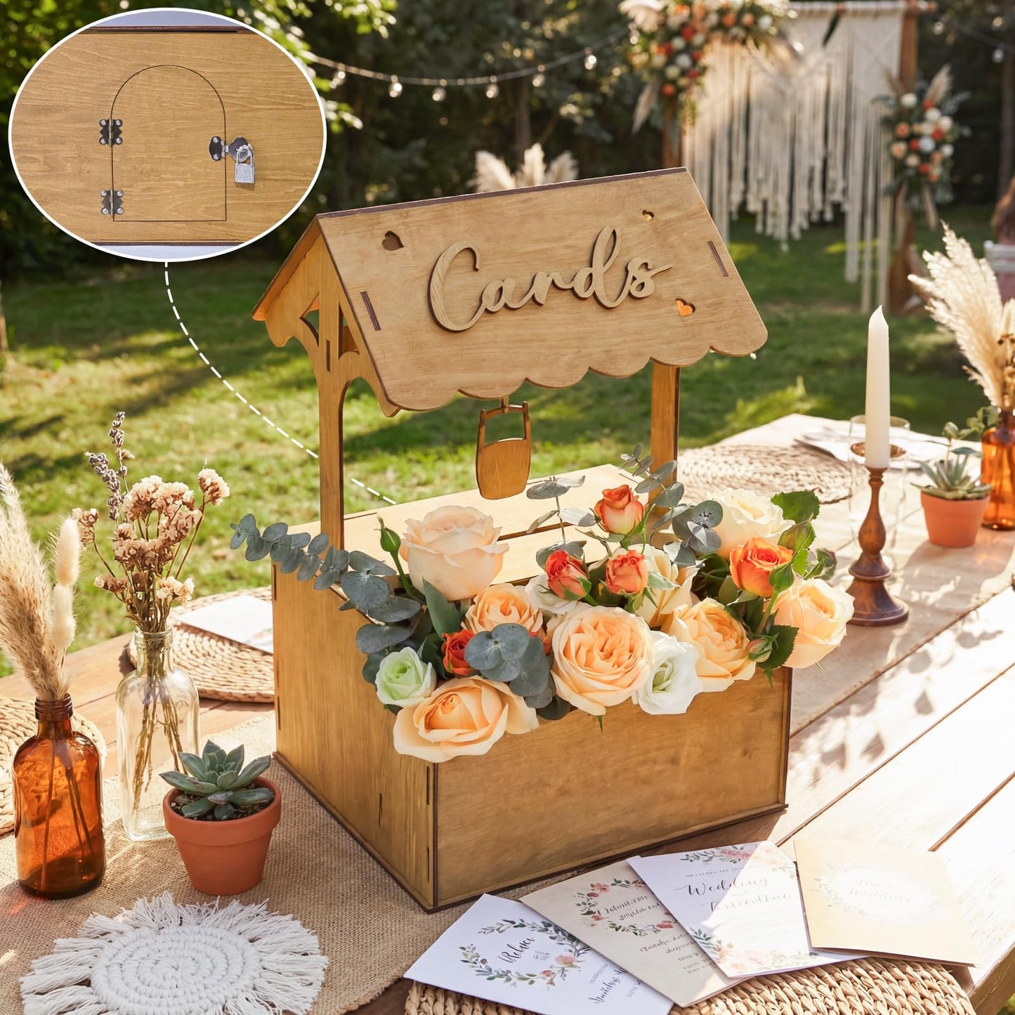 OurWarm Wooden Wishing Well Wedding Card Box with Lock & Flower Trough, Brown Wedding Card Boxes for Reception, Rustic Box for Cards at a Party for Birthday Graduation Baby Shower Reception Decor