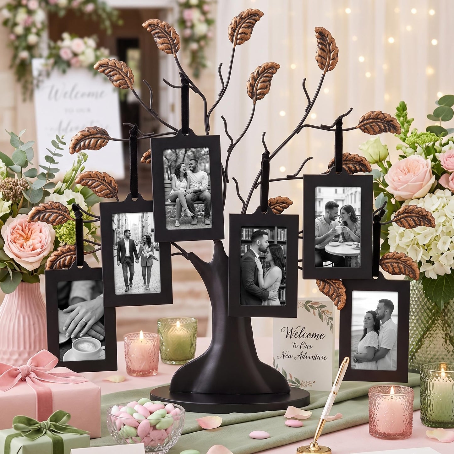 Americanflat Family Tree Picture Frame - Includes 6 Hanging 2x3 Picture Frames - Adjustable Ribbon Tassels - Ideal as Mother’s Day Gifts, Christmas Decor - Black and Bronze - Gifts for Mom