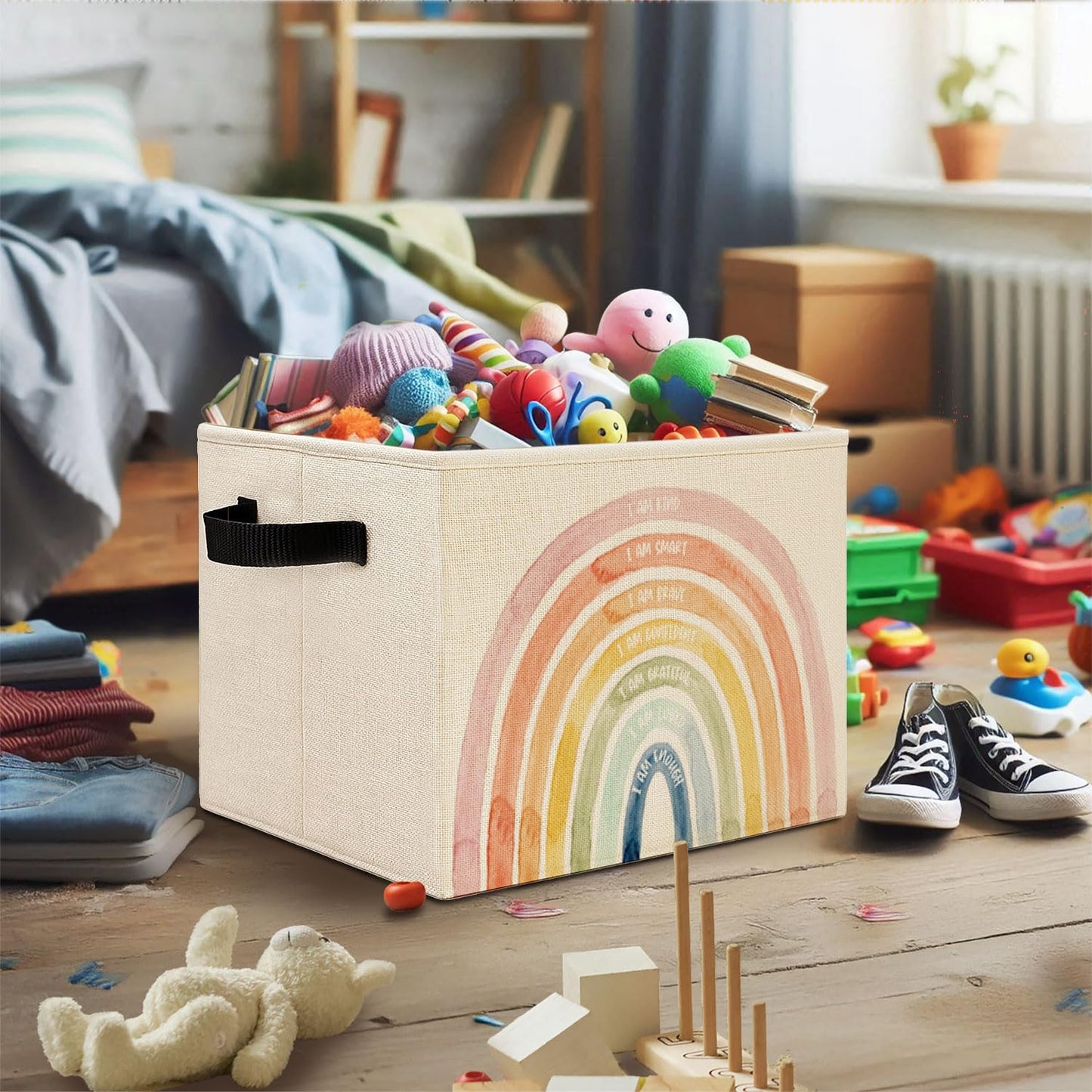 Elefeltclave Inspirational Boho Kids Storage Bins, Positive Affirmation Rainbow Collapsible Storage Basket Organizer for Kids Room Nursery Bathroom Clothes Toys Books, Toybox for Boys Girls