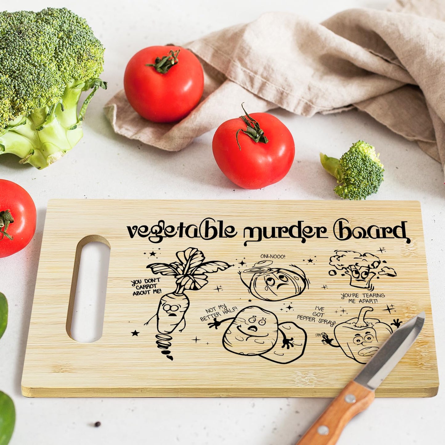 Funny Bamboo Cutting Board for Kitchen, Vegetable Murder Charcuterie Boards, Christmas Thanksgiving Housewarming Gifts for Friends Couple Women, Farmhouse Home Kitchen Decor -012