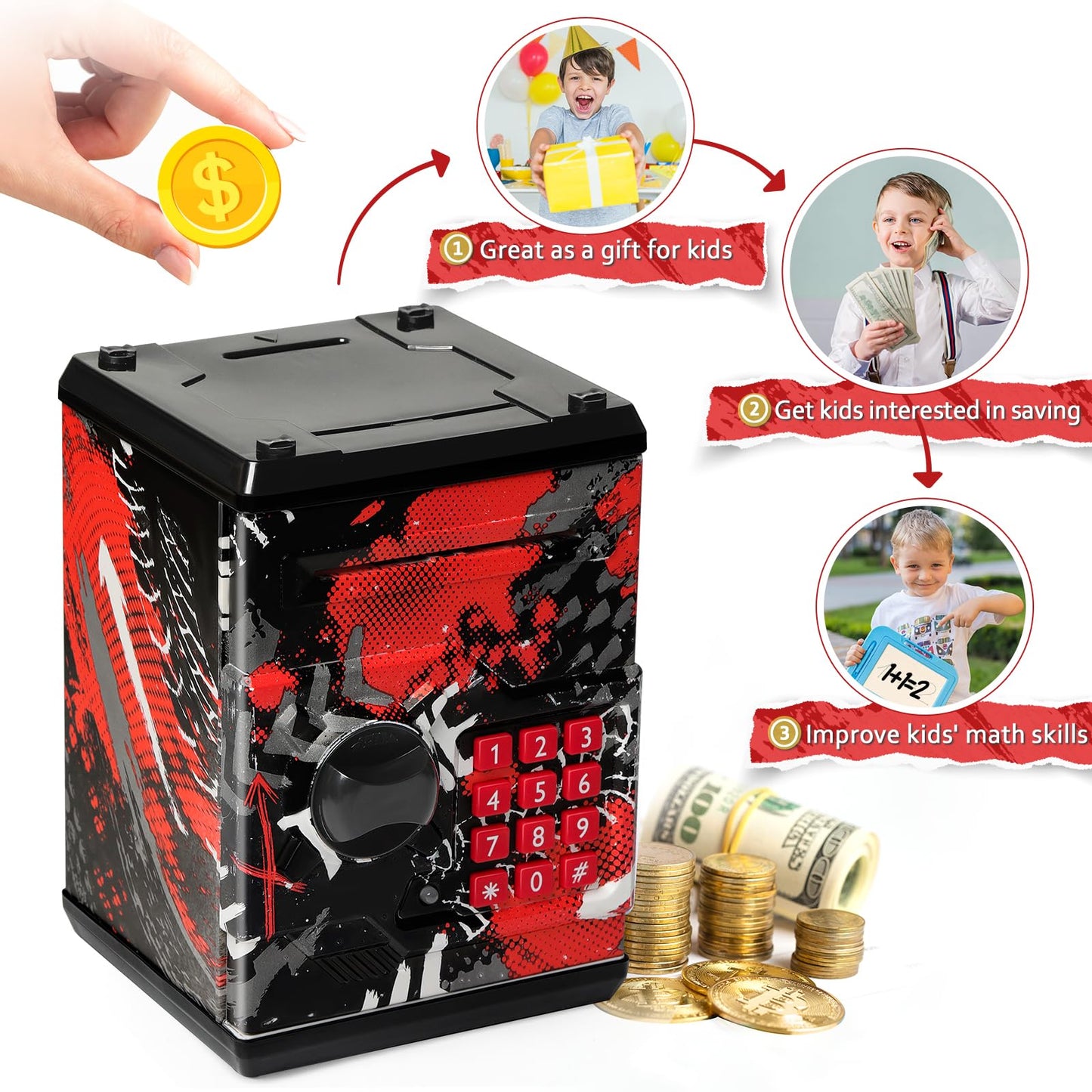 ATM Piggy Bank for Boys Girls, Vcertcpl Mini ATM Coin Bank Money Saving Box with Password, Kids Safe Money Jar for Adults with Auto Grab Bill Slot, Great Gift Toy Bank for Kids