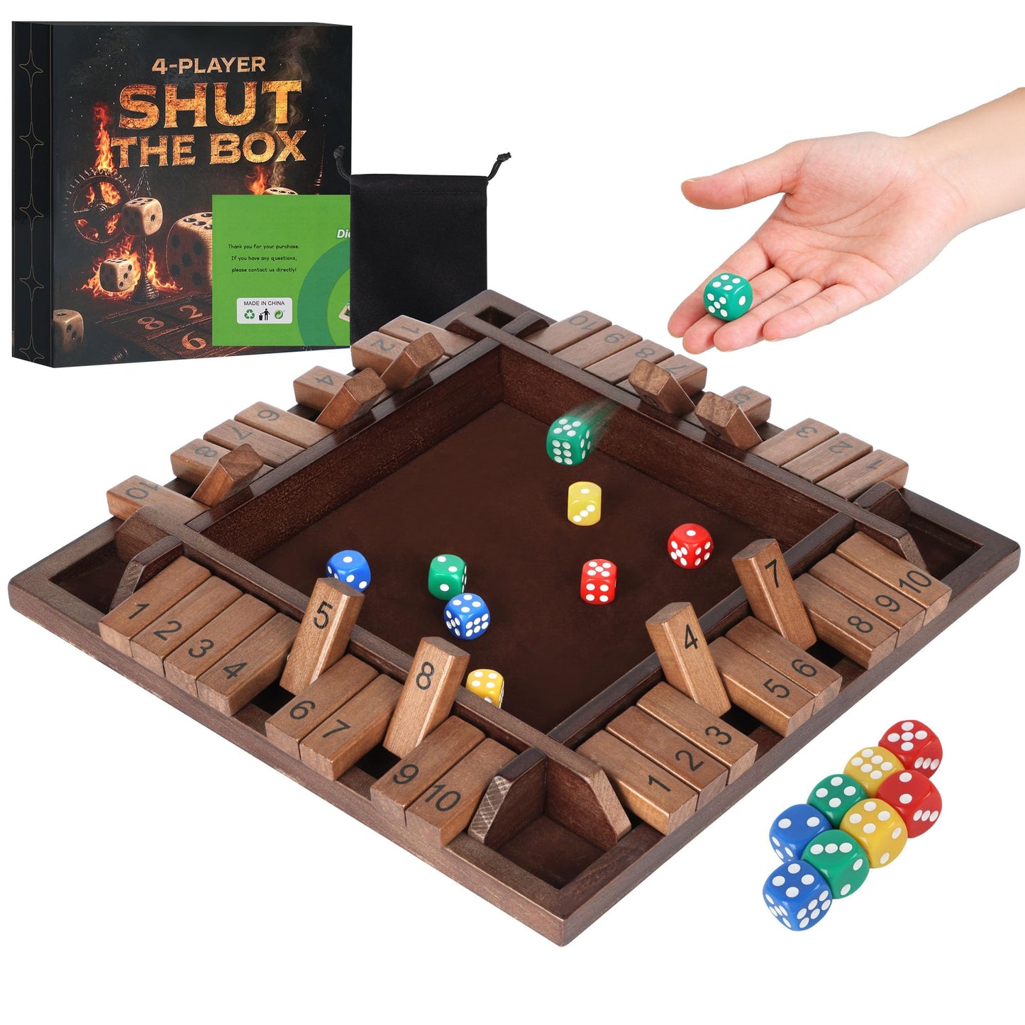 Uowivi Shut The Box Game, Math Dice Board Game for Family Night Classroom Travel, Wooden Table for 2-4 Players, Improves Mathematical Skills, for Classroom, Home (Quadrilateral-Upgraded 12", Brown)