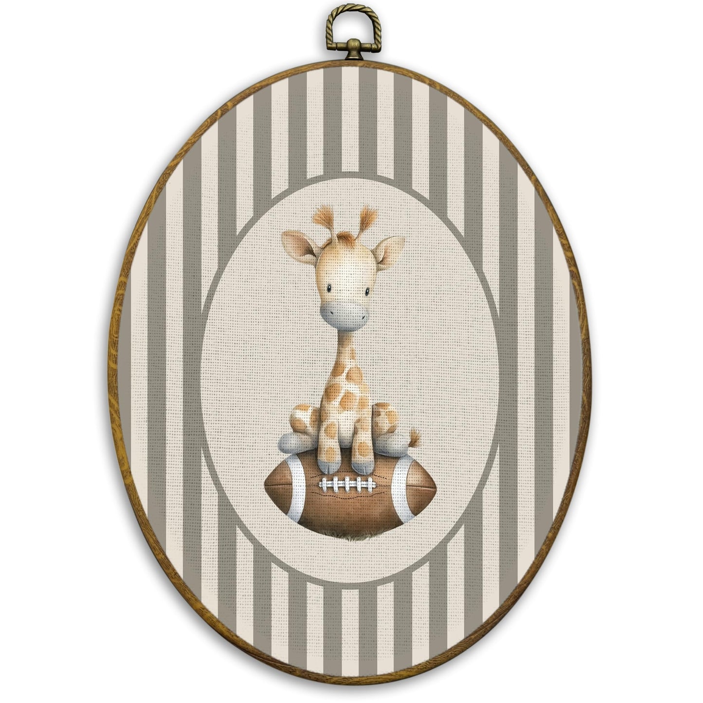 CUANFDDSF Giraffe Football Nursery Oval Wall Art Decor, Sports Wall Hanging Decor, Neutral Striped Football Wild Animal Framed Canvas Prints for Kids Boy Nursery Room Bedroom Playroom, 8.6x11.4 Inch