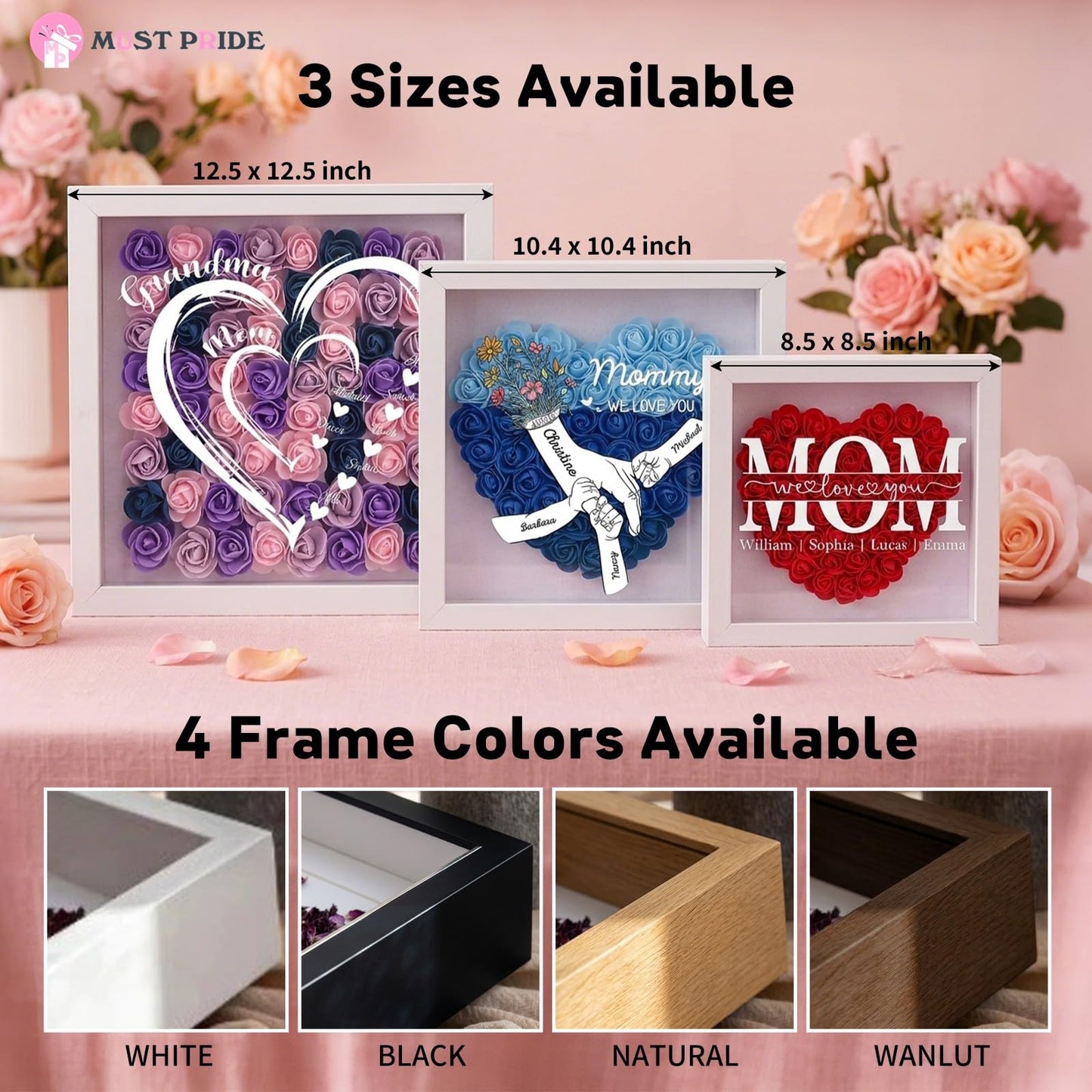 Custom Mom Flower Shadow Box with Kids Name for Mother's Day Personalized Eternal Flower Shadow Box with Text Mothers Day Anniversary Birthday Flower Gift for Mom Grandma