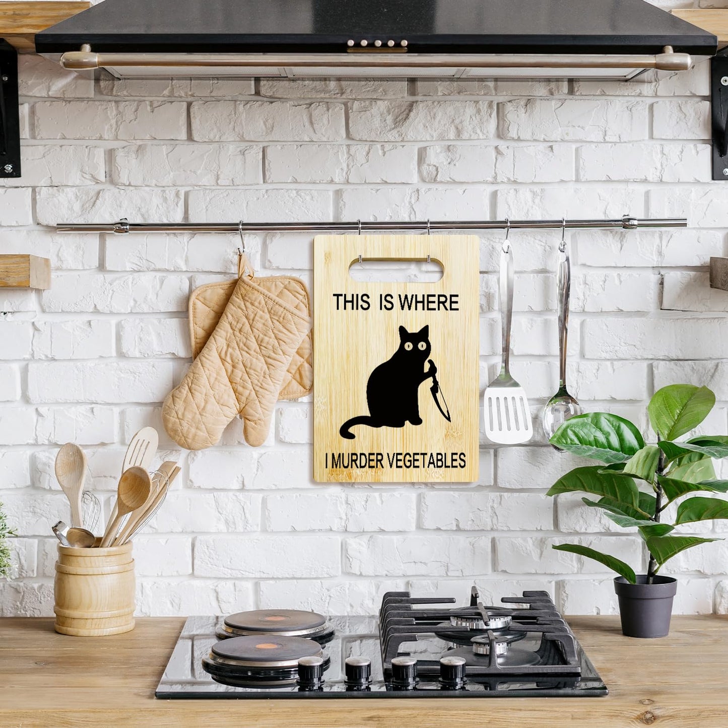 Funny Black Cat Bamboo Cutting Board for Kitchen, This is Where I Murder Vegetable Charcuterie Boards, Christmas Halloween Housewarming Gifts for Cat Lovers Friends Couple Women -011