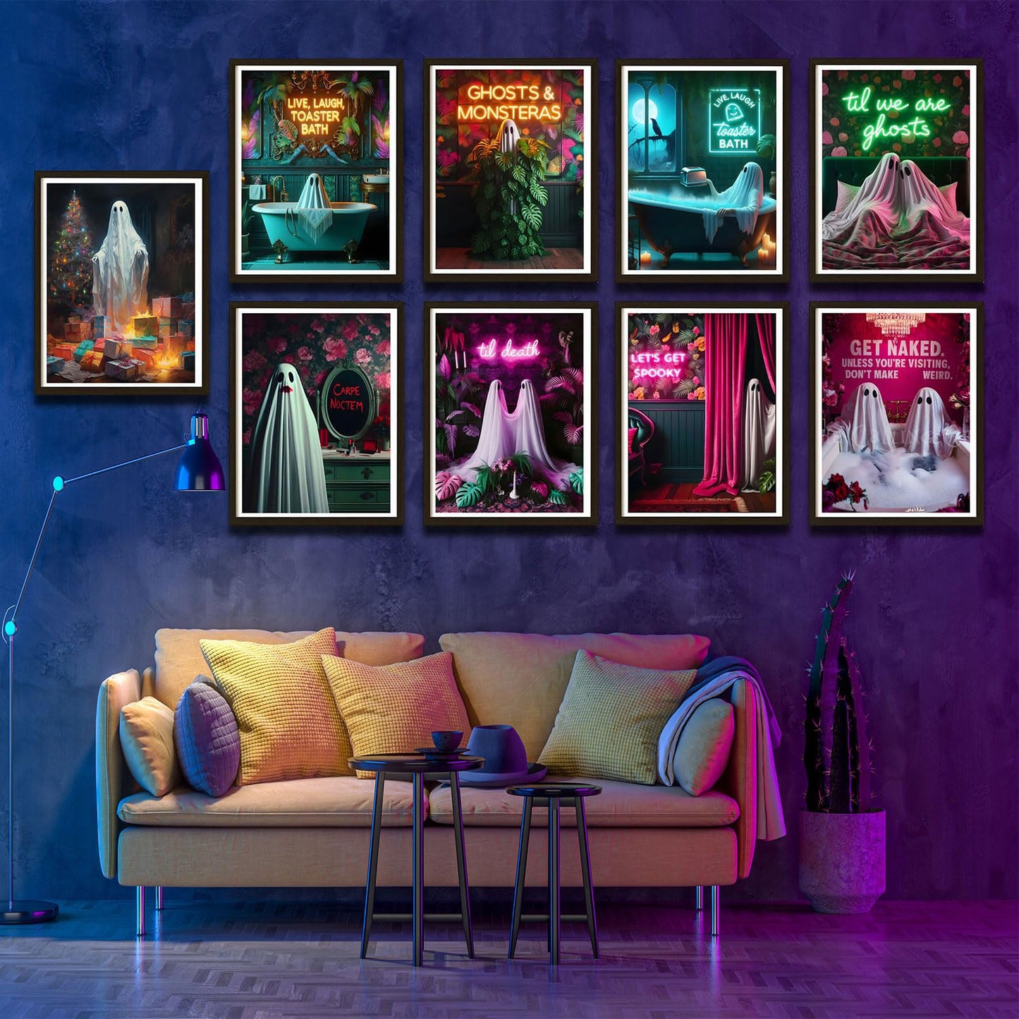 9Pcs Halloween Ghosts Canvas Wall Art Fashion Funny Gothic Romantic Couple Cute Ghost Wall Decor Pictures Horror Creepy Dark Academia Posters Prints for Modern Home Hotel Room Decoration Unframed