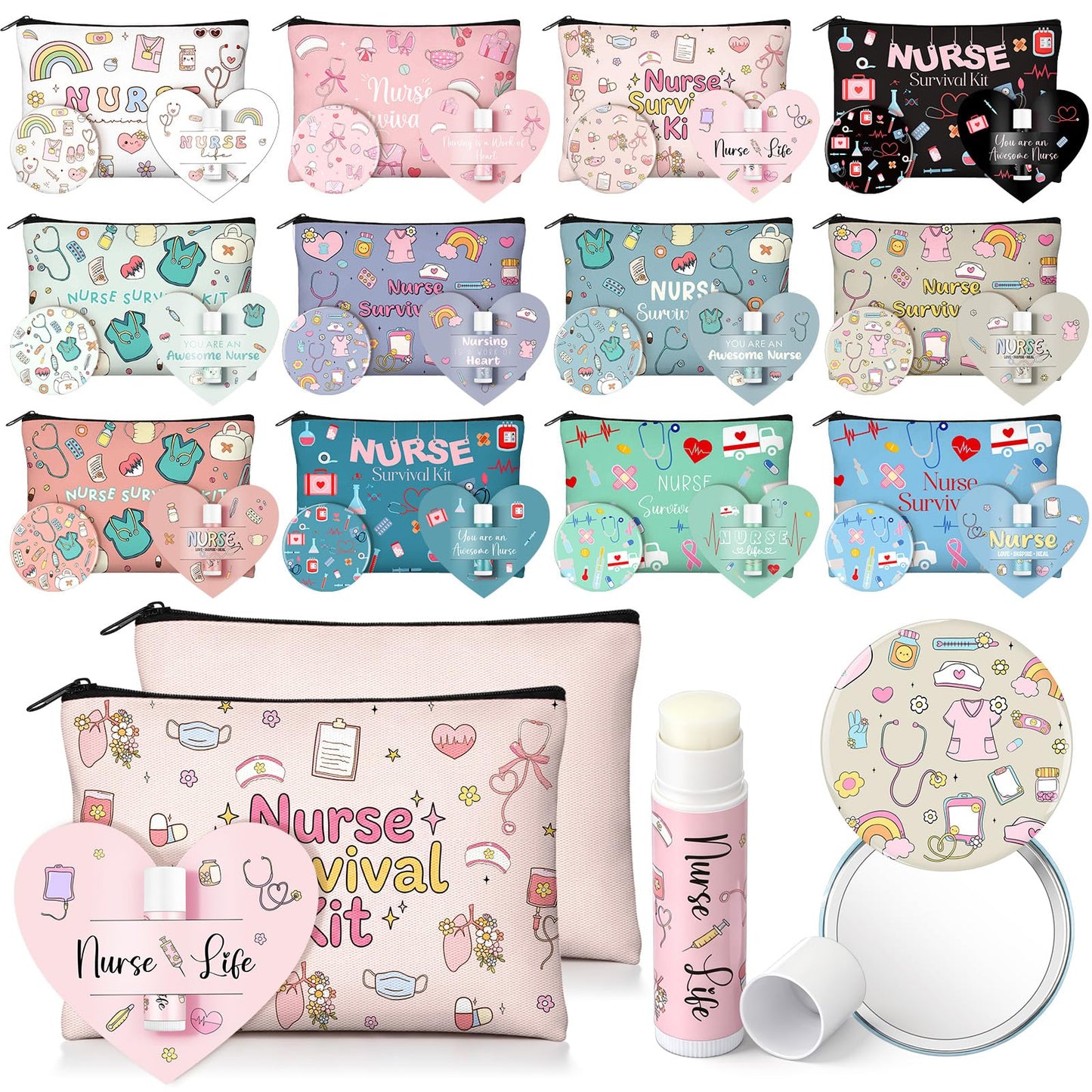 Liliaafar 12 Sets Nurse Week Gifts Bulk for Women Nurse Survival Kit Nursing Appreciation Makeup Bags with Zipper Cosmetic Bags Small Round Mirrors with Cute Lip Balm and Inspirations Cards