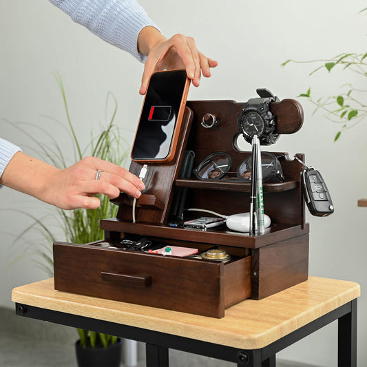 TESLYAR Wood Phone Docking Station with Drawer - Nightstand Organizer - Desk Organizer for Husband - Birthday Gifts for Men, Dad, Anniversary, Key Holder Stand Watch, Accessories (Chocolate Brown)