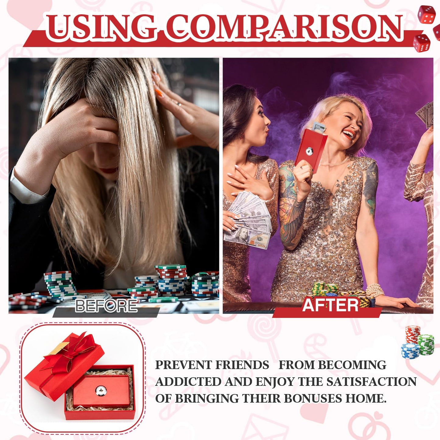 CroBlissful 3 Pcs Metal Casino Cash Box for Gambler, Pocket Size Casino Cash Safe Red Small Portable Money Slot with 2 Keys and Storage Bag Gift Stops Addictive Urges