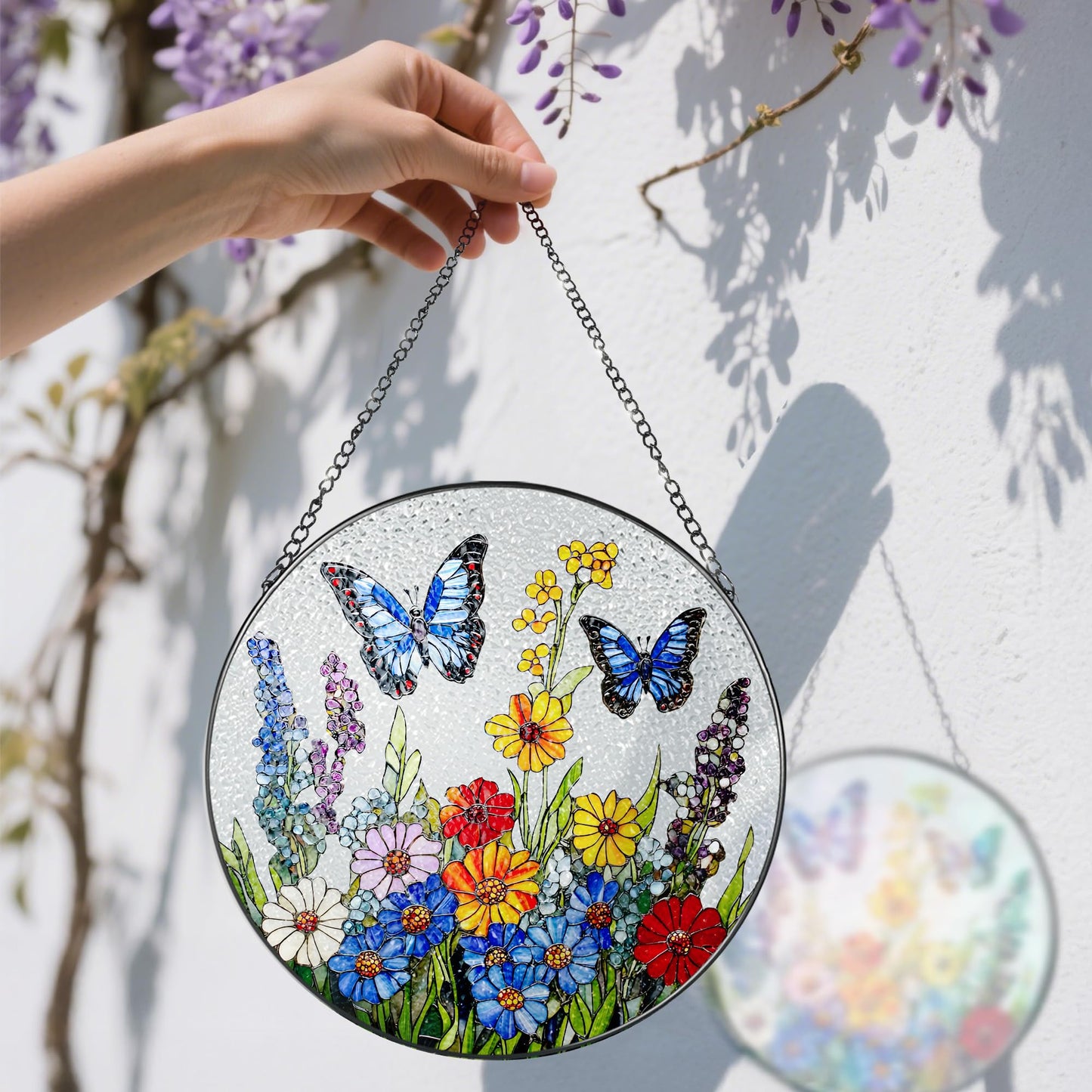 Stained Glass Window Hanging, 8 Inch Stained Glass Suncatcher Ornament, Suncatchers for Windows Hanging, Window Decor, Gift for Mothers Day, Butterfly Lover Gifts, Flower Lover Gifts