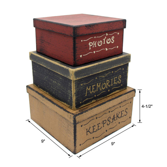 CVHOMEDECO. Primitive Vintage Square Photos, Memories, Keepsakes Cardboard Nesting Boxes, Large 9 X 9 X 4-1/2 Inch. Set of 3.