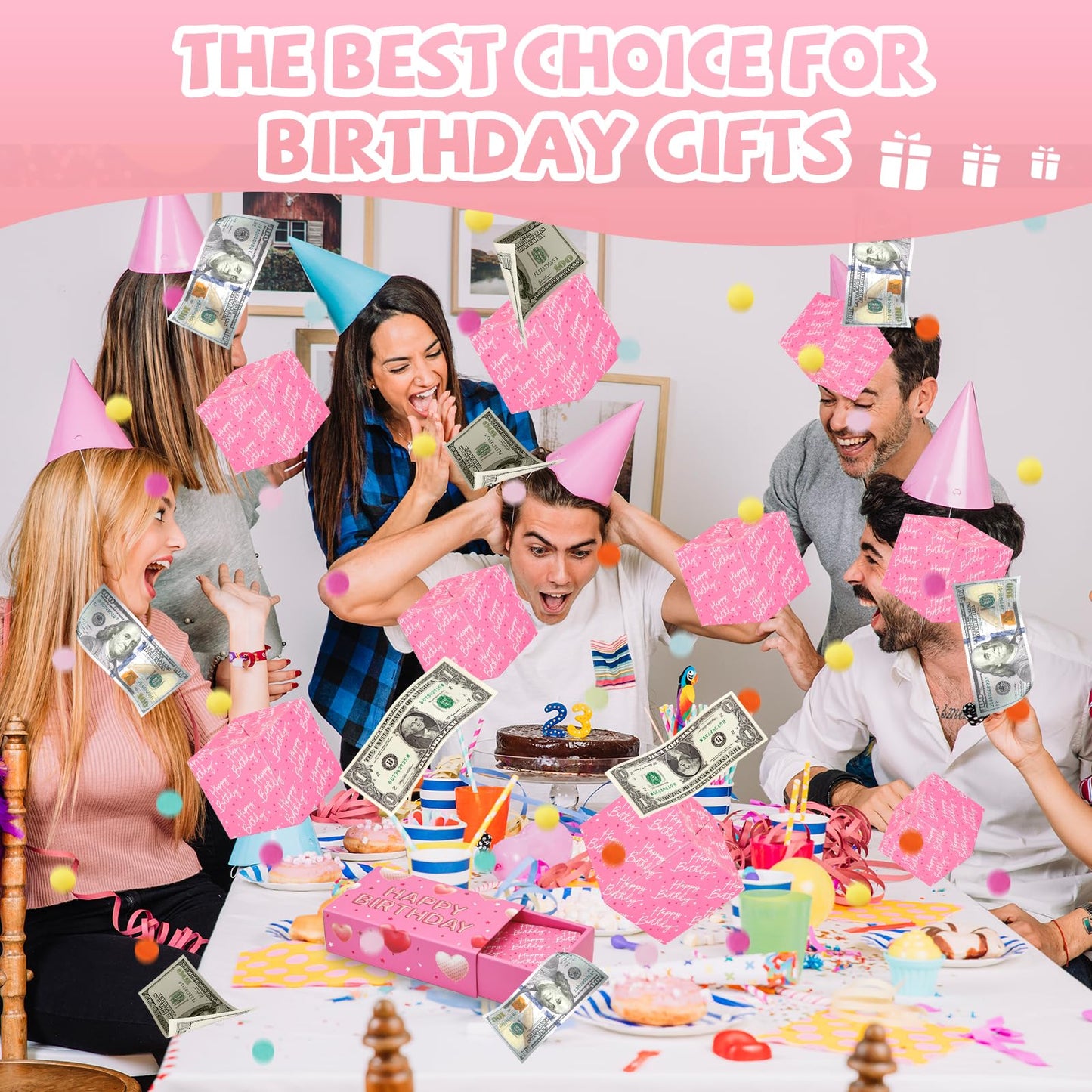 WenmthG Happy Birthday Surprise Gift Box Explosion for Money - DIY Pop Out Folding Bounce Explosion Gift Box with Confetti - Birthday Money Bank - Cash Gift Idea for Women Men Kids (Pink)
