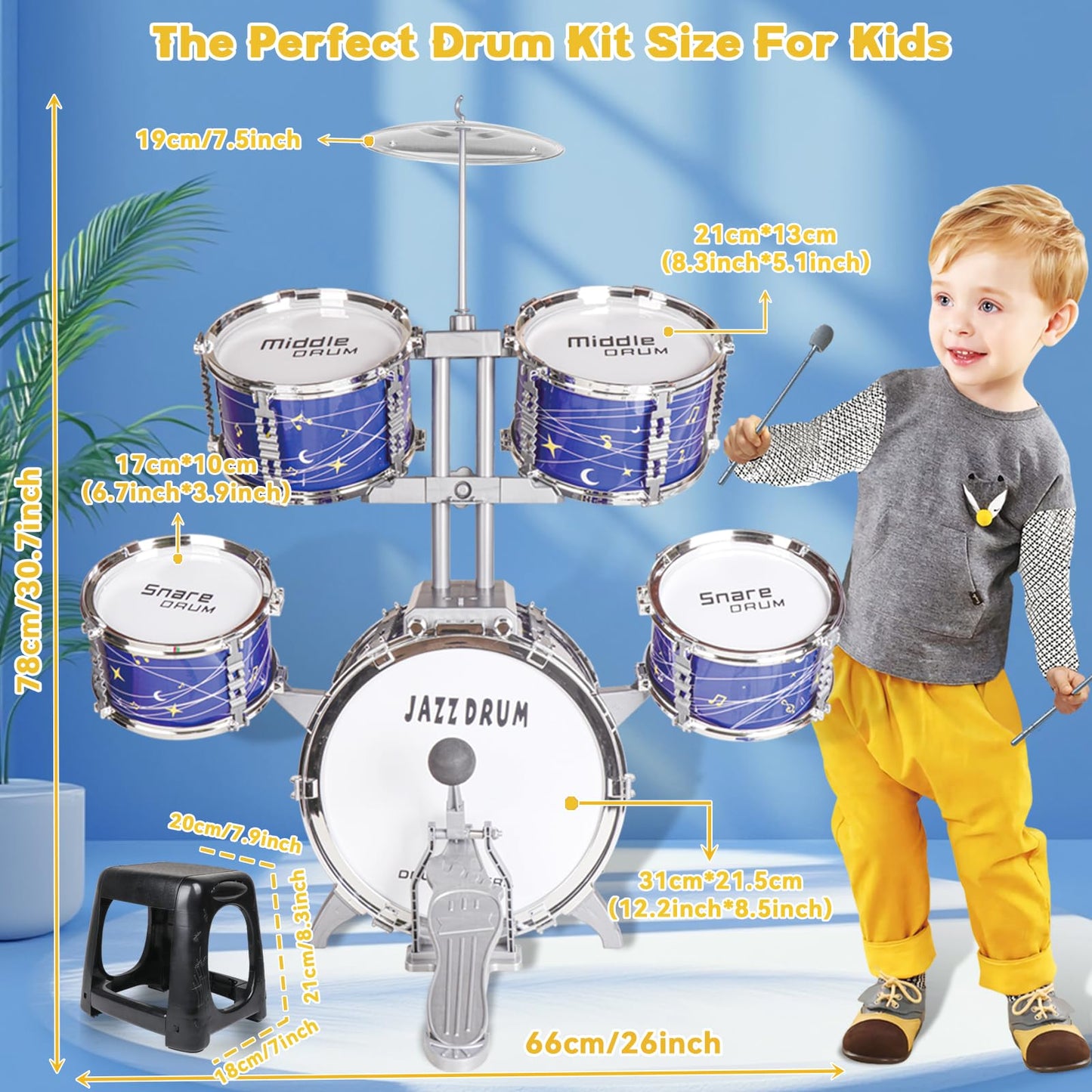 Kids Drum Set for Toddlers 1-3, Upgraded Kids Jazz Drum Ages 3-5, Musical Instrument Toys & All Plastic, Percussion Beginner Christmas Gift Toys for 3 4 5 6 Year Old Boys Girls Ages 2-5 4-6 5-7
