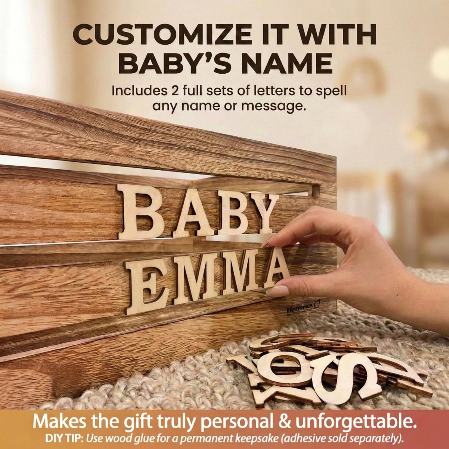 Lifemories Wooden Baby Shower Crate Closet & Basket with Hanger Rack - Customizable Gift Basket with 2x Alphabet Letter Sets, Hangers, Dividers, Ivy Garland,Nursery Decor Girls Boys(Rustic Burnt Wood)