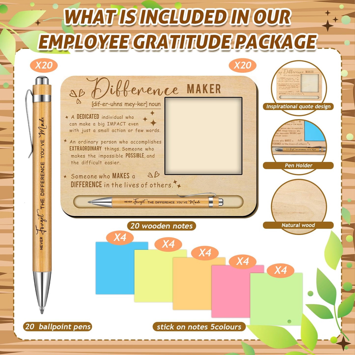 Kosiz 20 Set Difference Maker 2026 Graduation Appreciation Gifts Bulk for Employee Coworkers Wooden Sticky Note Holder Set Thank You Gifts for Graduation Teachers Nurse Friends