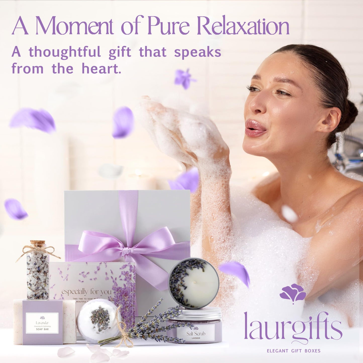 Mothers Day Gifts for Mom – Lavender Spa Gift Box, Small Candle Set with Bath Gifts, Relaxing Self Care Basket, Birthday Gift for Women
