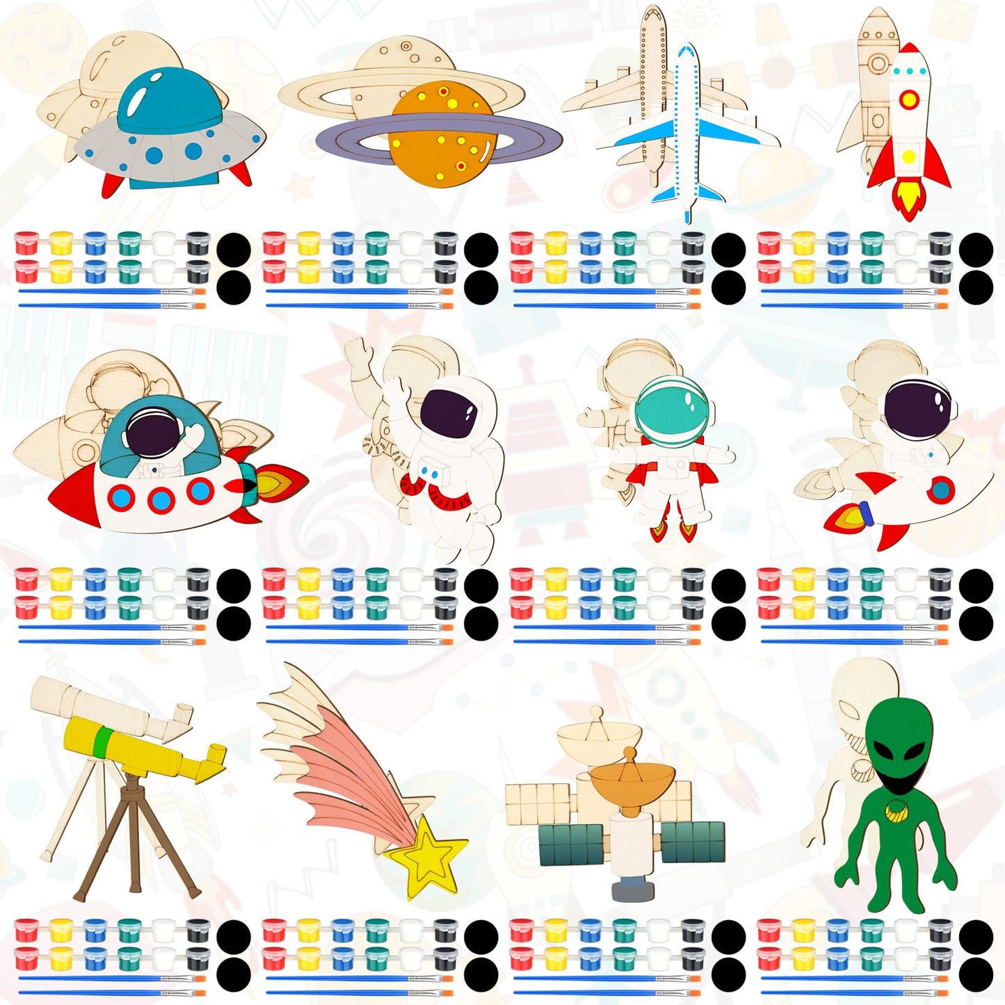 JellyArch 24 Pcs Unfinished Wood Cutouts Space Paint Kit Set and DIY Crafts for Classroom School Birthday Gifts Paint Your Own Painting Bulk Kits and Crafts