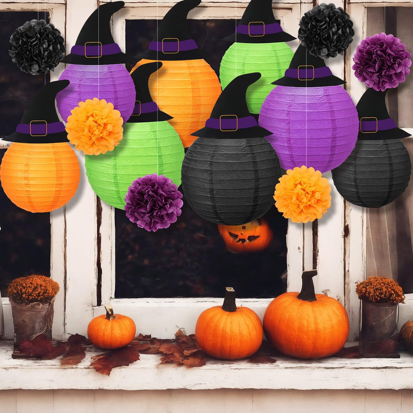 Retisee 18 Pcs Halloween Paper Lanterns Halloween Hanging Decorations Hanging Paper Lanterns with Witch Hat for Festival Indoor Outdoor Spooky Home Decor Party Supplies Props