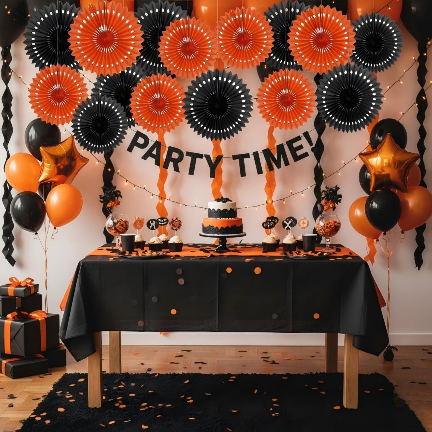 CC wonderland zone 12PCS Black and Orange Paper Fans Party Decorations,Hanging Ceiling Honeycomb Round Tissue Paper Fans for Halloween Party Decorations
