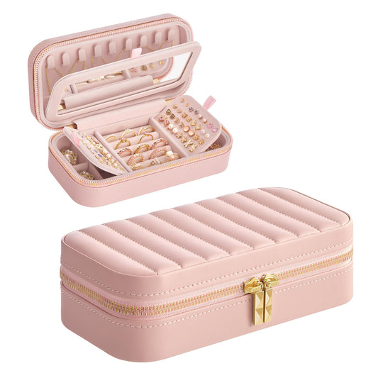 SONGMICS HOME Travel Jewelry Case, Travel Jewelry Box Organizer with Mirror, 4.1 x 8 x 2.4 Inches, Stitching, Portable, Gift Idea, Jelly Pink UJBC180S01