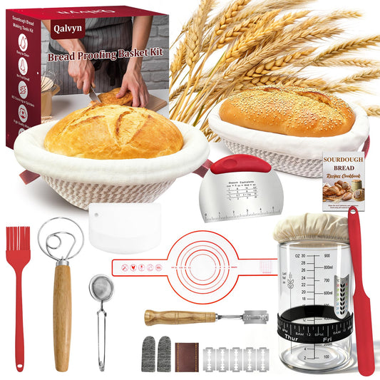 Sourdough Bread Baking Supplies, Sourdough Starter Kit with Cotton Rope Oval & Round Bread Proofing Basket and Sourdough Starter Jar, Artisan Bread Making Kit Ideal Gift for Bakers, Women Wife Mom Red