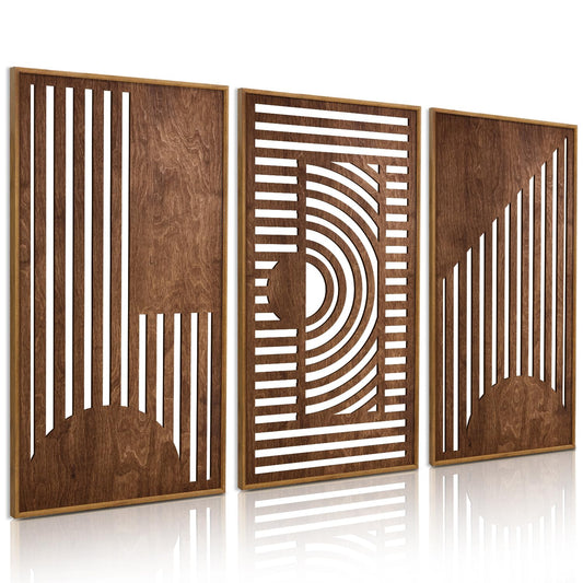 TOARTi Abstract Geometric Framed Wooden Wall Art Decor(16"x32"x3pcs), Large Vintage Mid Century Rectangle Wall Sculptures, Rustic Minimalist Geometry Artwork for Home Bedroom Living Room