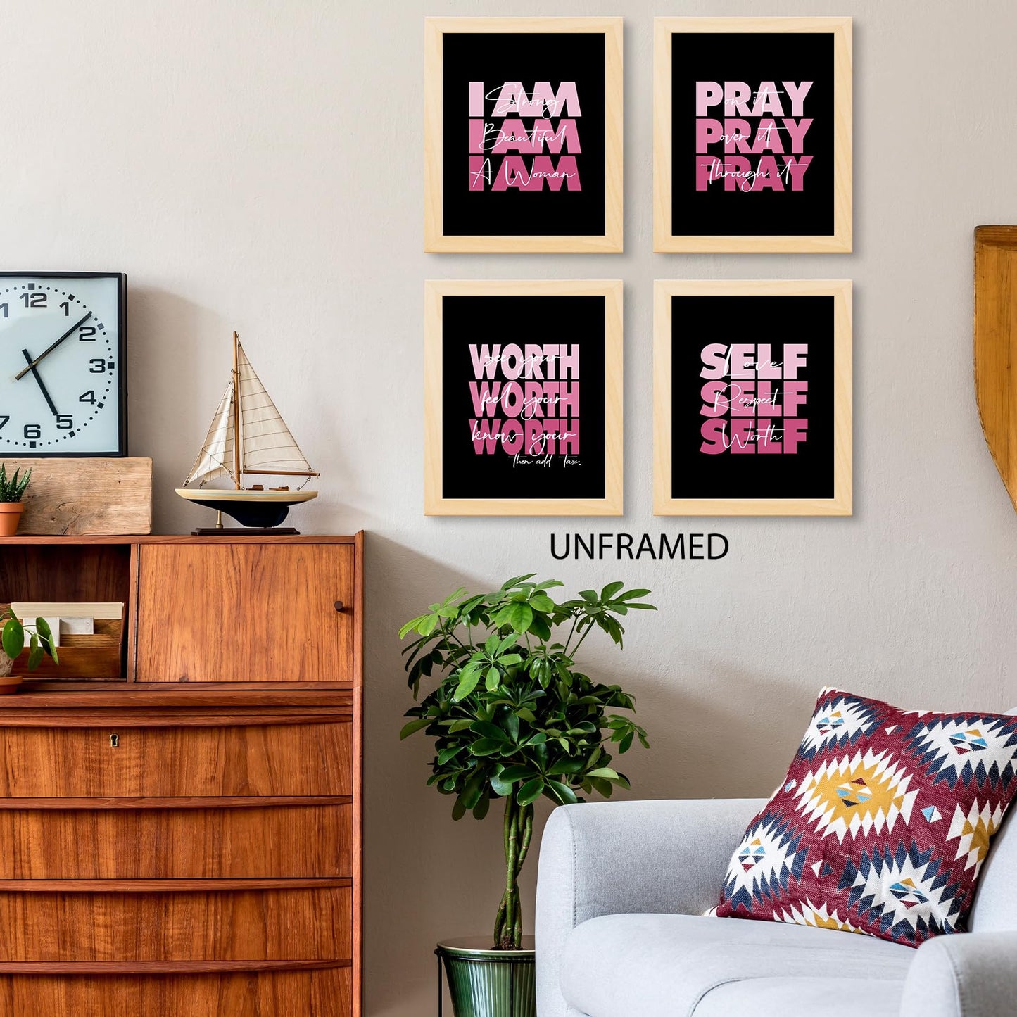 HUYAW Pink Woman Girl Inspirational Quotes Pray Worth Wall Art Prints Set of 4, Motivational Posters Gifts for Women Teen Girls Room Home Bedroom Office College Dorm Decor (Unframed), 8 x 10 In