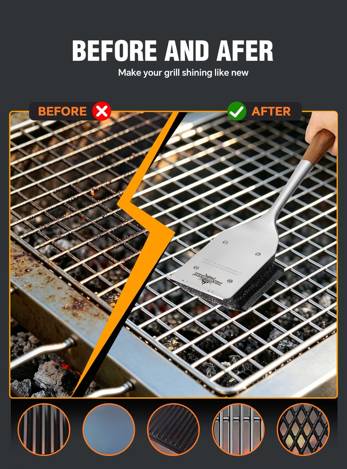 XUDKAKAIXIN Grill Brush Bristle Free,with 1 Replacement Head,Unique Steel Fibers Pad [Safe & Efficient] Perfect for Cast Iron/Stainless-Steel Grates-,Grill Cleaner for Outdoor Gril,Gifts for Men/Dad
