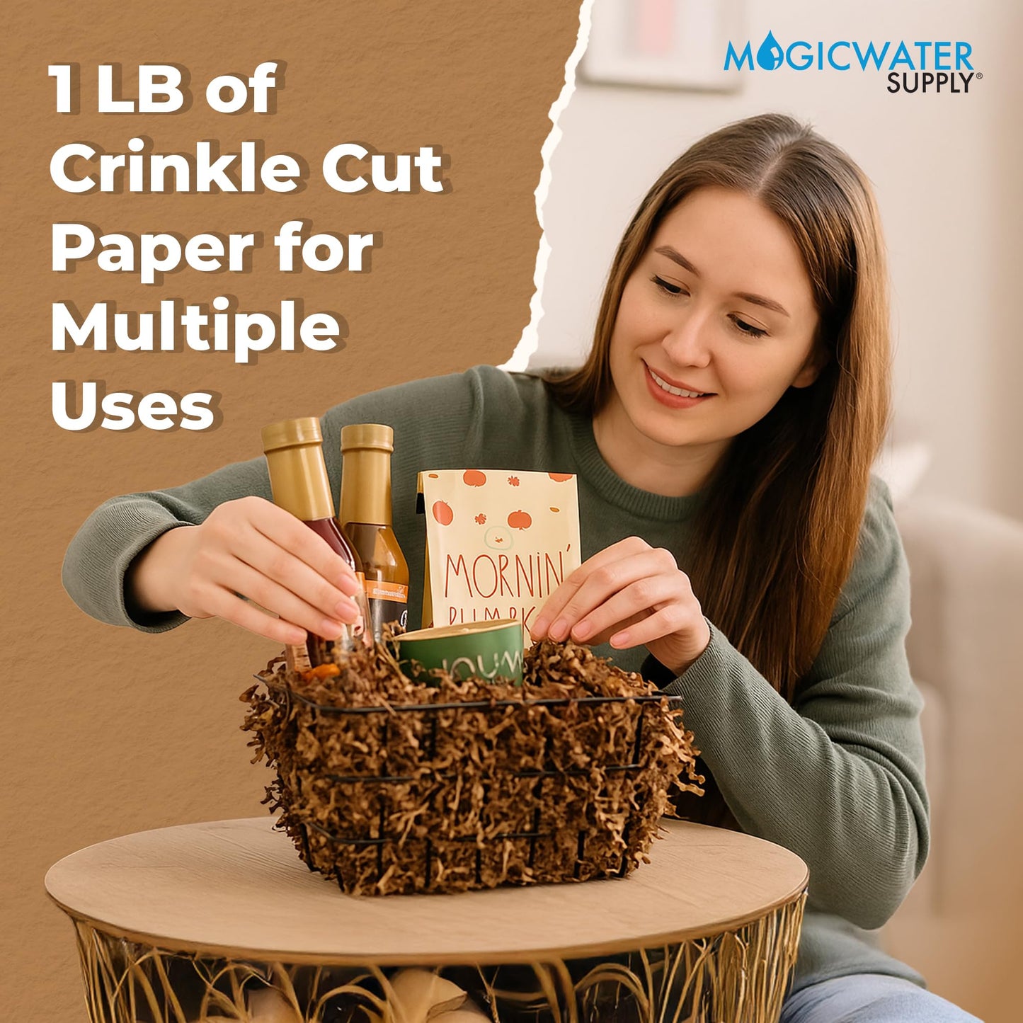 MagicWater Scented Crinkle Cut Paper - 1 LB - Cinnamon Buns - Perfect for Shredded Paper Filler, Basket Filler, Gift Boxes, Bridesmaid Gifts, Christmas Stuffers & More – For All Occasions