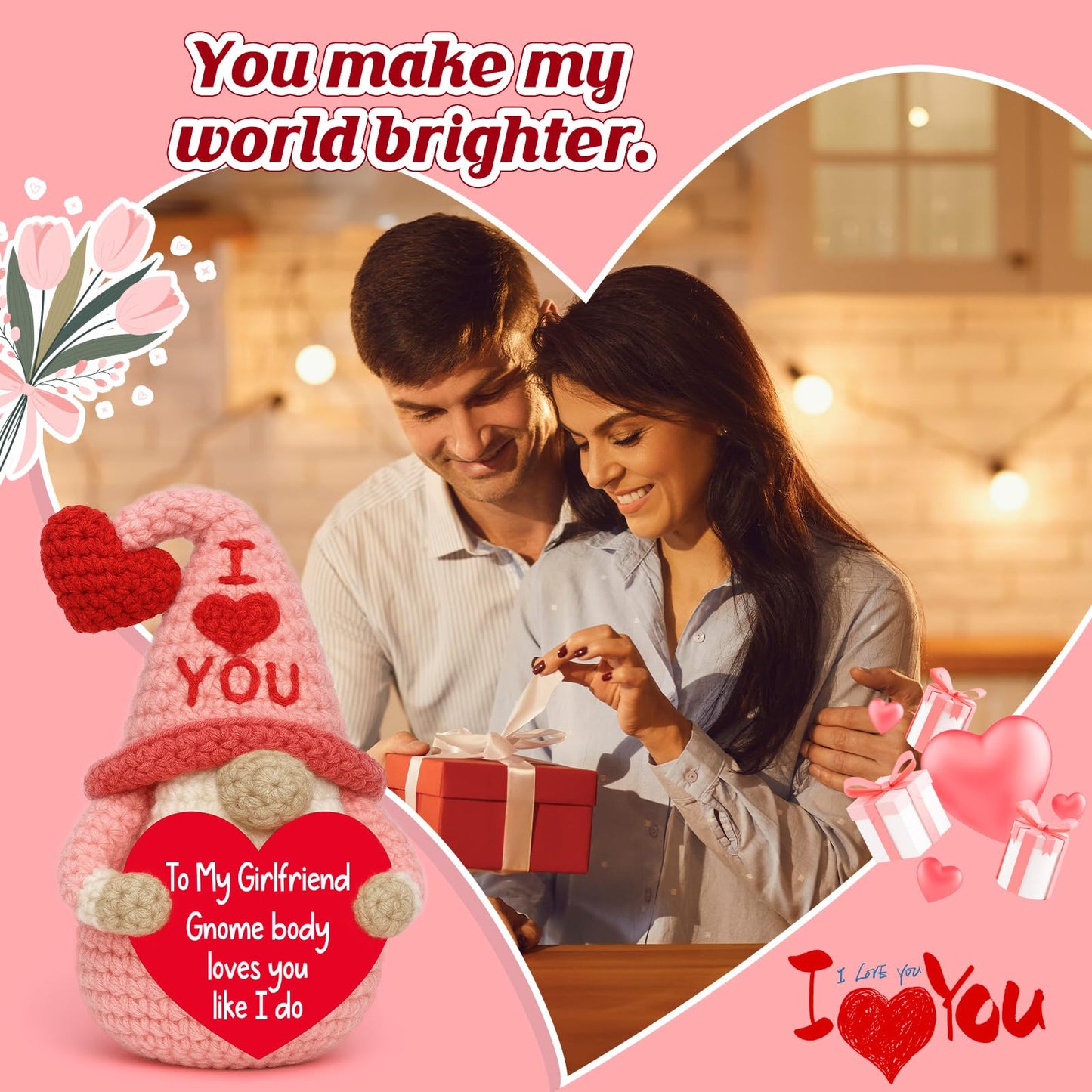 YUEYUQIU Girlfriend Gift from Boyfriend - Cute Handmade Crochet Gnome, Romantic I Love You Gift for Her, Valentines Anniversary Birthday Xmas Presents for Girlfriend - Christmas Stocking Stuffer Gifts