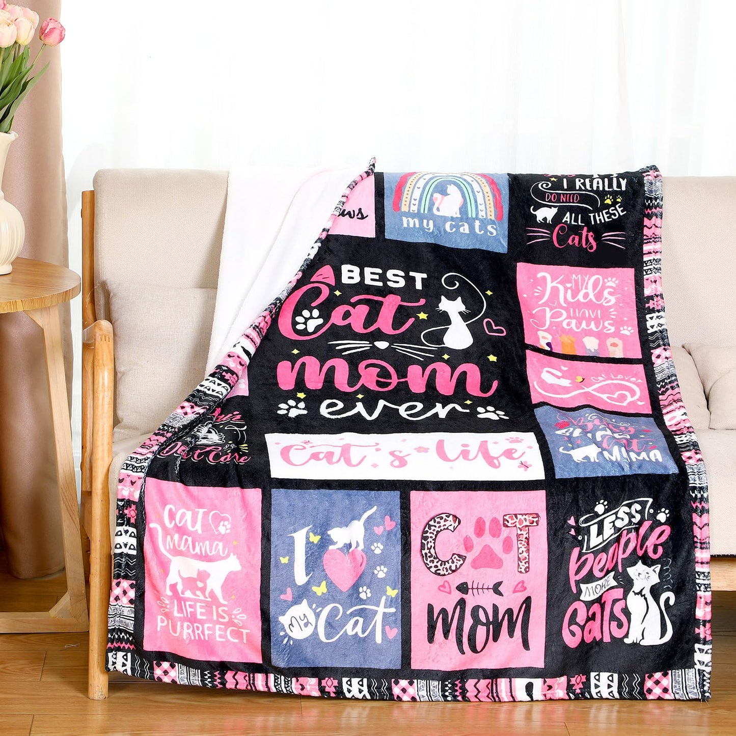 Didaey 12 Pcs Mother's Day Cat Lover Gifts for Mom Women Cute Blanket Socks Coffee Mug Cosmetic Bag Keychain Bracelet Cards Scrunchie Cats Themed Gift Set for Birthday Mom Ideas