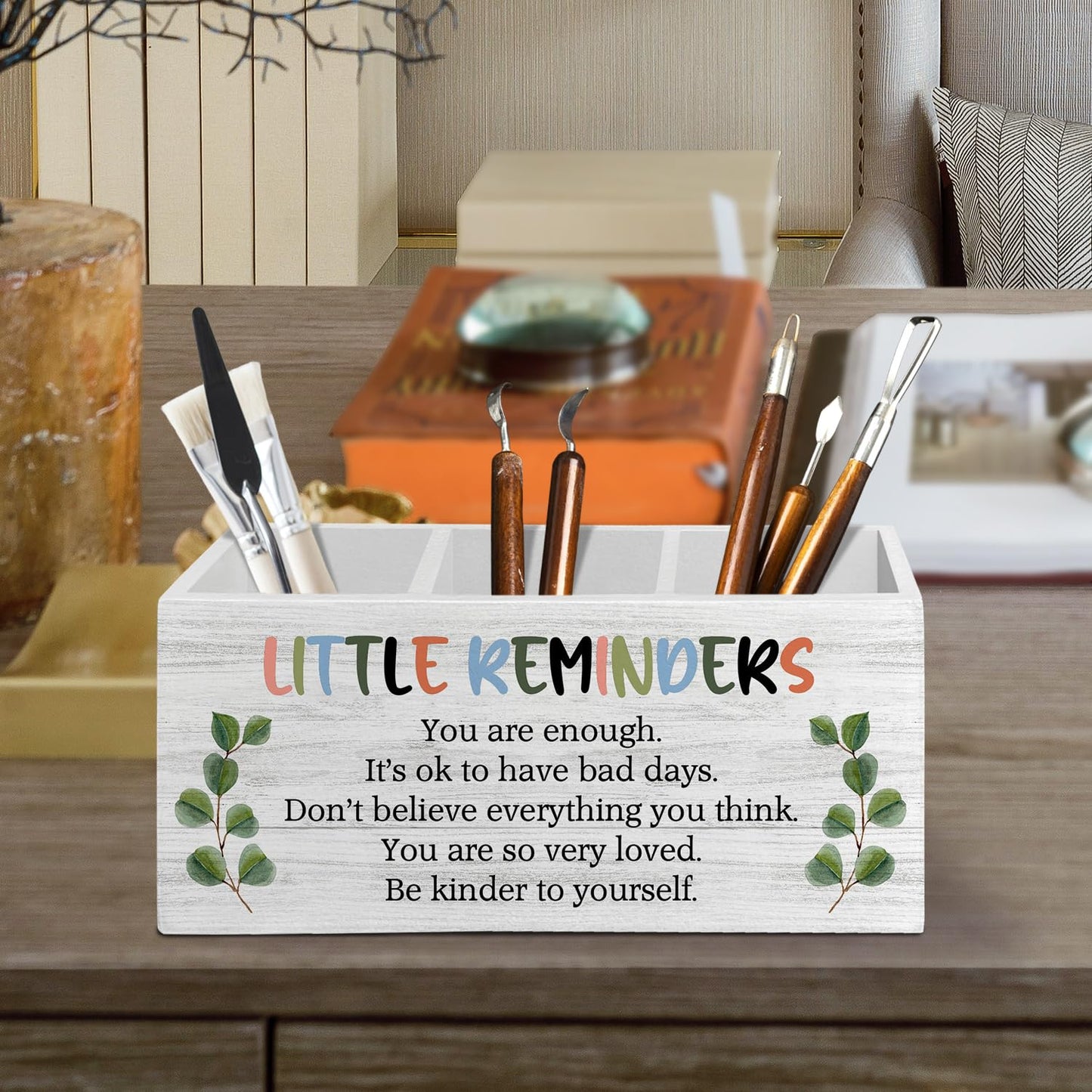 XLDLIOO Little Reminders Inspirational Pen Pencil Holder Organizer for Desk Accessories, Mental Health Motivational Wooden Box Sign Desk Decor for Home Office Decoration, Positive Gifts