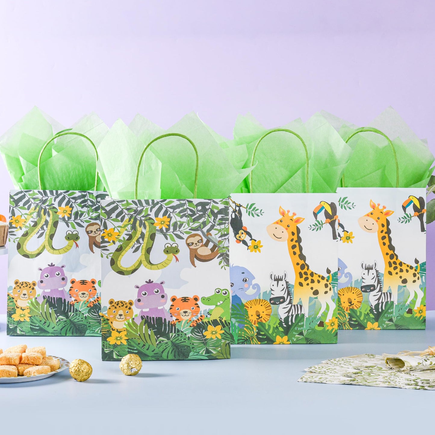36 Pack Medium Jungle Safari Woodland Animal Themed Paper Gift Bags with Handles and Green Tissue Paper for Birthday Baby Shower Party Favors Goodies Treats, 10x8x4 Inch (2 Assorted Designs)
