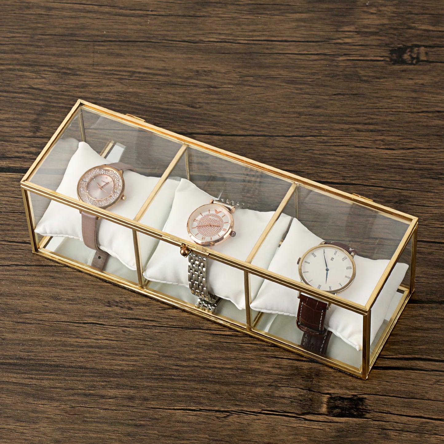 JUXYES Clear Glass Watch Display Case with 3 Slots, Luxury Brass Glass Watch Organizer Holder Stand with White Watch Pillow, Modern Transparent Watch Collection Box for Men and Women, Gold