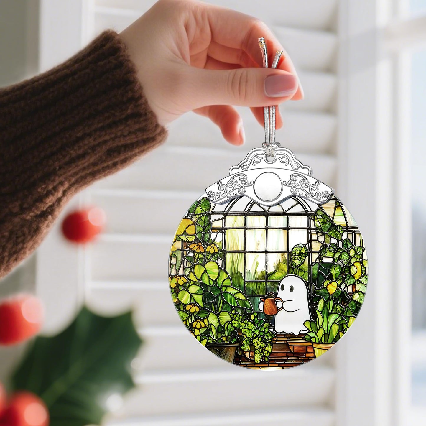 Halloween Ghost Ornament, Stained Glass Christmas Decorations, Christmas Ornaments for Tree, Holiday Ornament, Plant Lovers Gifts, Holiday Party Gifts, Gift Ideas & Xmas Gift