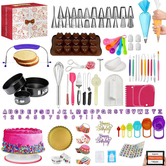 720PCS Cake Decorating Kit with Baking Supplies - Cake Turntable for Decorating with Baking Pans, Leveler, 24 Numbered Piping Tips, 2 Spatulas, Fondant Tools, Video Course, Pattern Chart & More