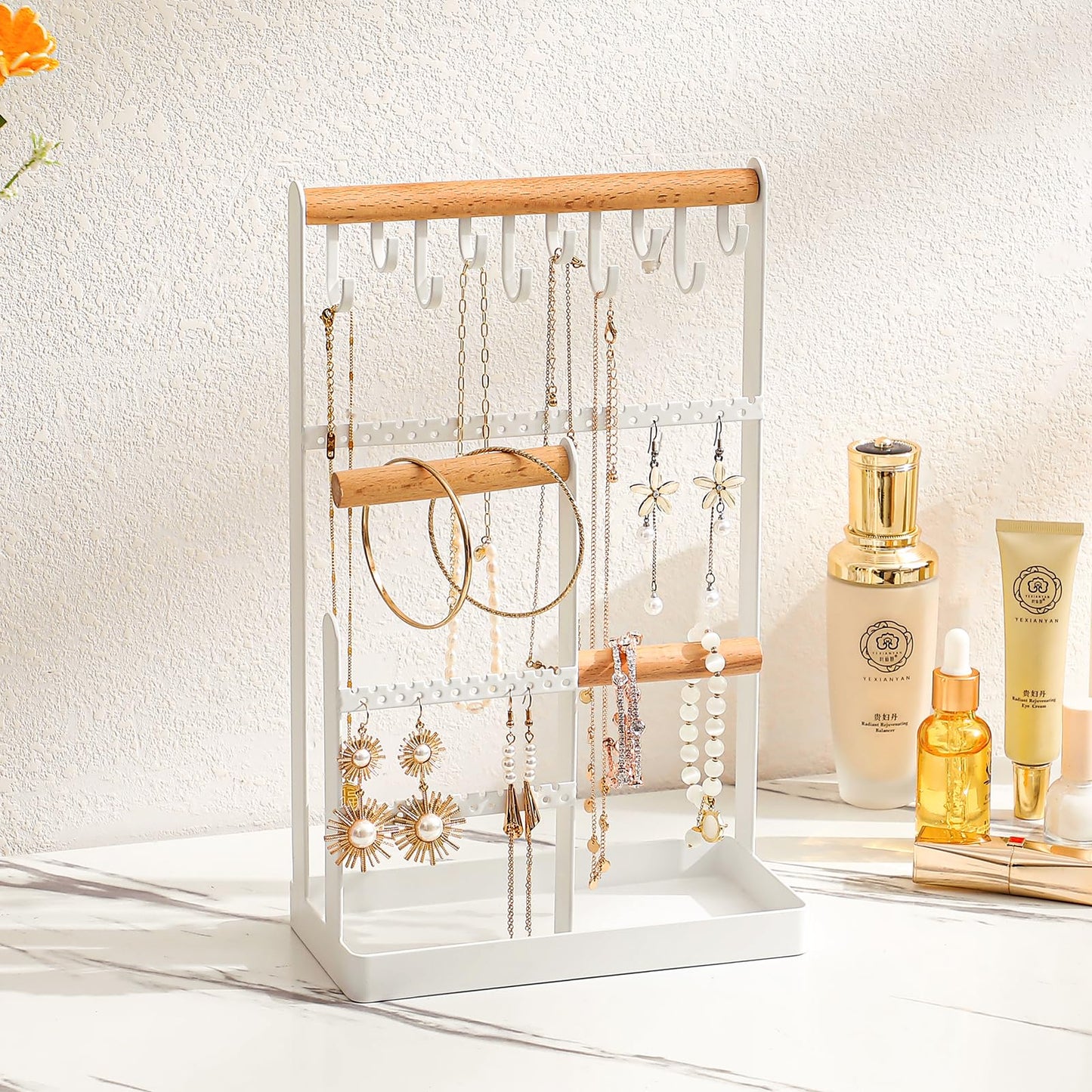 V-LAFUYLIFE Jewelry Organizer Stand Necklace Holder, 6-Tier Jewelry Tree Stand Organizer with Bracelet Holder Ring Tray and 10 Hooks 88 Holes for Earring Holder Jewelry Tower Rack -White