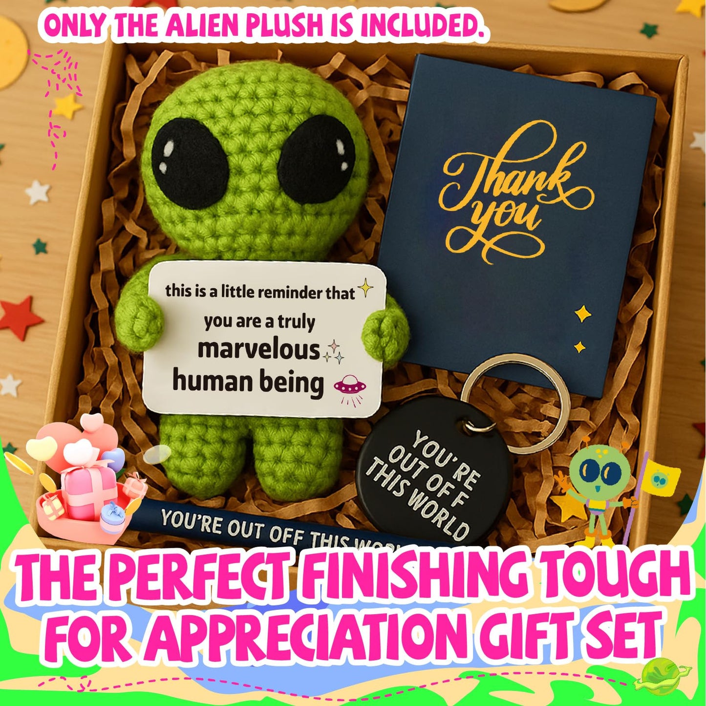 Galentines Day Positive Appreciation Gifts for Women Men Friends - Valentine's Emotional Positive Support Funny Gag Crochet Alien Plush Pickle Birthday for Her Him Stuffers Offcie Decoration