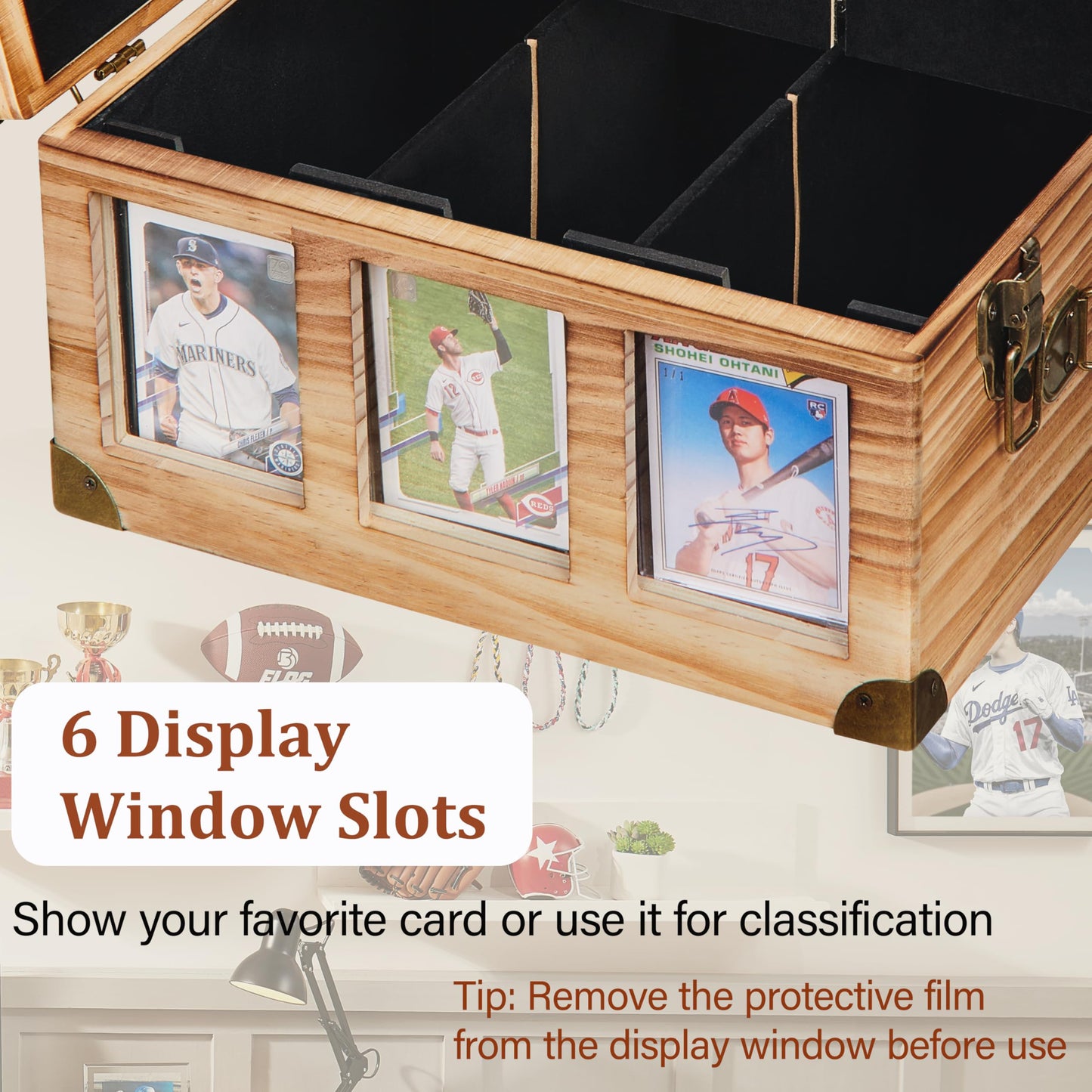 Poyilooo Graded Card Storage Box with Display Window, Wood Card Case for 140+ Cards PSA BGS FGS & SGC, Sports Cards Trading Cards, Graded Card Slab Carrying Case, Christmas Gifts (Carbonized Brown)