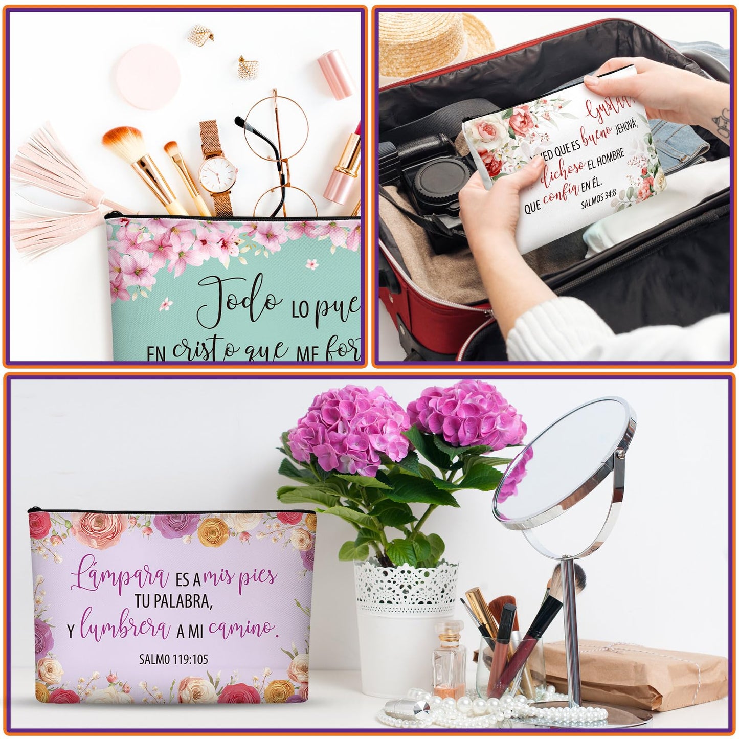 Kacctyen 18 Pcs Spanish Bible Christian Women's Religious Gift Cosmetic Bags Inspirational Bible Verse Pencil Pouch Motivational Makeup Bag with Zipper for Travel (Fresh)