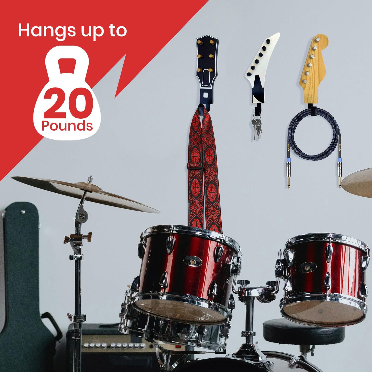 Rise8 Studios Headstock Hangers (Set of 3) | Real Wood 1:1 Scale Guitar Headstock Wall Hooks | Heavy Duty Decorative Coat Rack for Musicians, Home & Music Room Decor | Holds up to 20 lbs