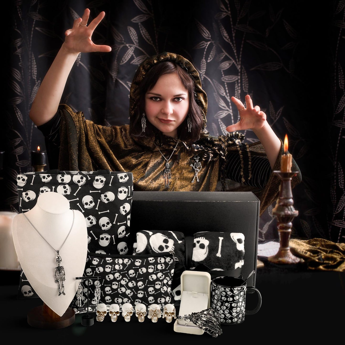 Conelist 16 Pcs Gothic Gifts for Women, Witchy Gifts Goth Horror Themed Includes Skeleton Blanket, Spooky Bag, Gothic Coffee Mug, Skeleton Necklace, Makeup Bag for Women Friend Easter