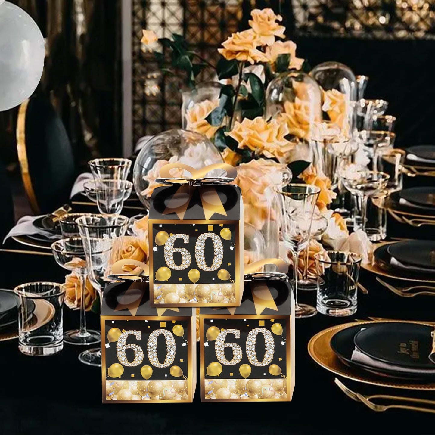 Qonmpcvu Square Boxes For Gifts, Black And Gold Decorations Box,60th Birthday Favor Bags, 60th Party Favors Gifts Box, Favor Boxes For Party, Black And Gold Happy Birthday Bags With Candy (BLACK Gold, M)