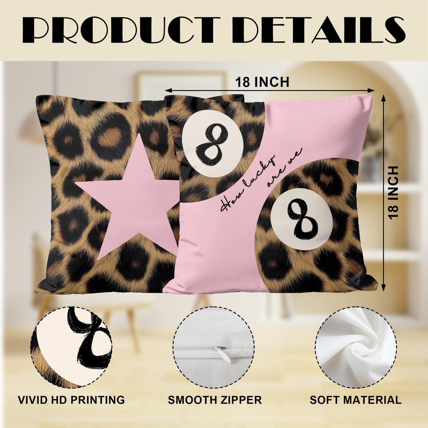 Xiyurlk Cheetah Leopard Lover Gifts for Women,Preppy Star Lucky 8 Ball,Cheetah Leopard Print Room Decor Pillow Cover 18x18 Set of 2,Coquette Preppy Pillow Covers for Girls Room Dorm Apartment Decor(6)
