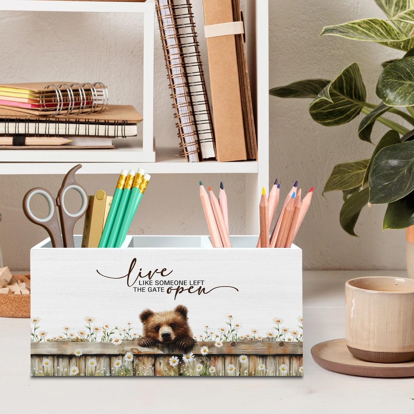 DILSJ Bear Inspirational Pen Pencil Holder Organizer for Desk, Bear Gifts for Women Men, Live Like Someone Left the Gate Open Wooden Box Signs for Home Office Desk Tabletop Decoration