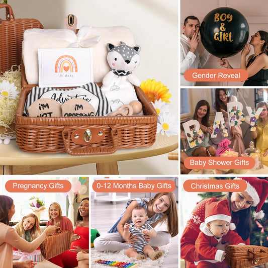 iAOVUEBY Baby Shower Gifts, Baby Gifts for Girls Boys, Unique Baby Gifts Basket Essentials Stuffs - Baby Lovey Blanket Newborn Bibs Socks Wooden Rattle & Greeting Card, Newborn Baby Gift Set