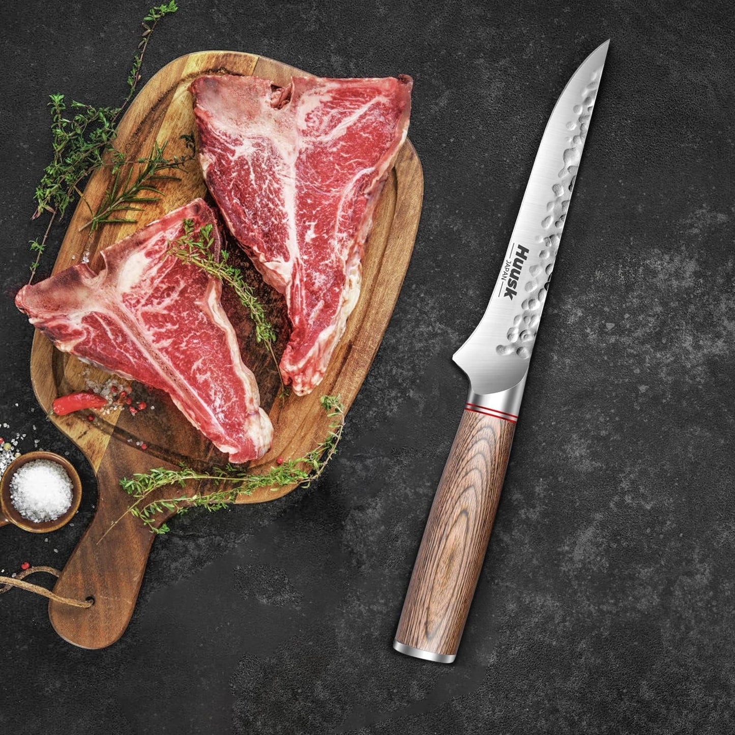 Huusk Boning Knife for Meat Cutting, 6.5" Hand Forged Japanese Fillet Knife for Meat Fish Poultry, Deboning Butcher Knives for Processing with Ergonomic Pakkawood Handle, Gift Box for Cooking lovers