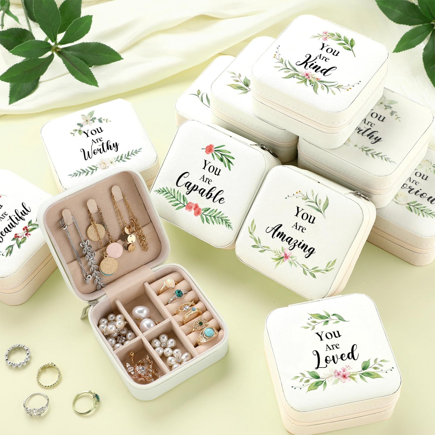 Kacctyen 12 Pieces Mini Travel Jewelry Case Bulk You Are Amazing Loved Mother's Day Church Gifts Green Leaf Gifts for Secretary Mothers Party Girls Leather Travel Jewelry Case